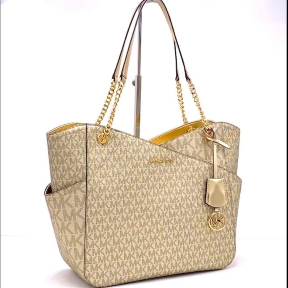 MICHAEL KORS LARGE X CHAIN SHOULDER TOTE BAG PALE GOLD COLOR
